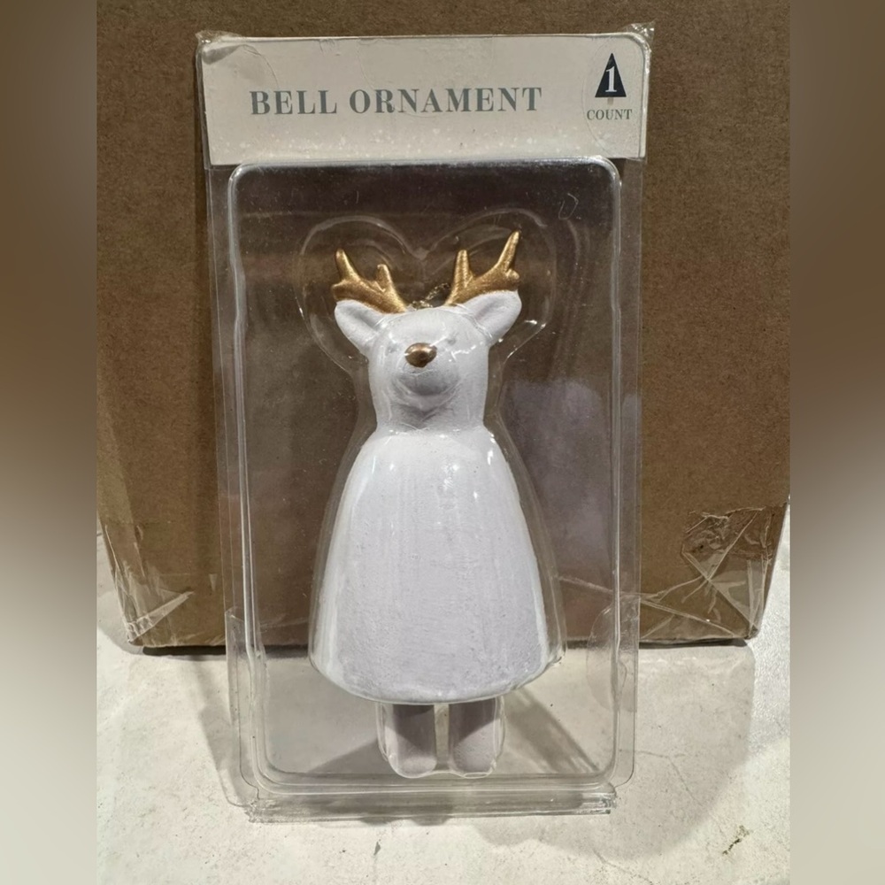 Set of 3 Brand New Christmas Bell Ornaments-Reindeer-Santa-Tree! White and Gold.